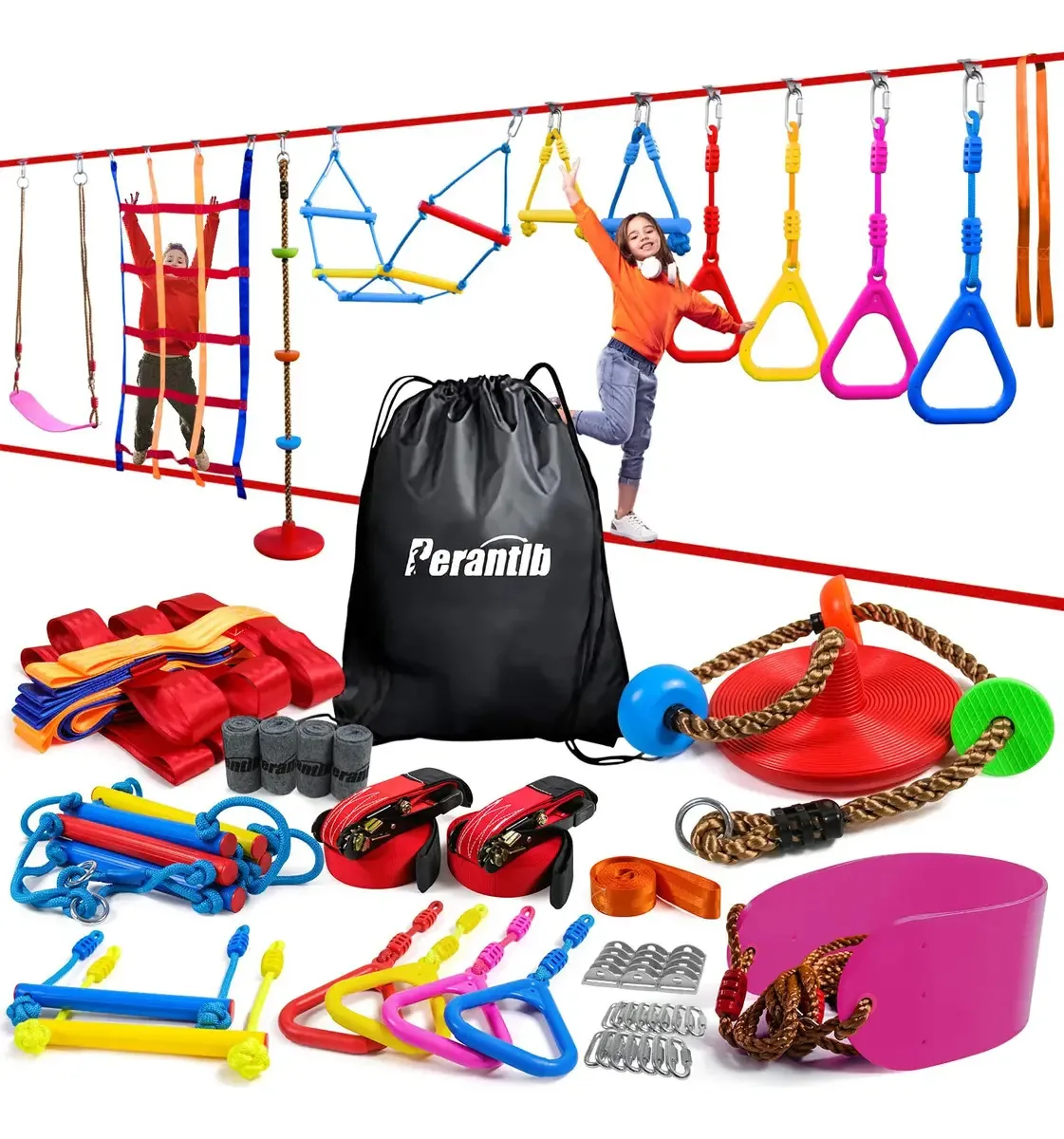 Pista de obstáculos Perantlb Ninja Warrior para crianças, 2 x 66 pés, linha Double Ninja Clearance com 10 acessórios para crianças, balanço, balanço, corda de escalada, escada de corda, treinador