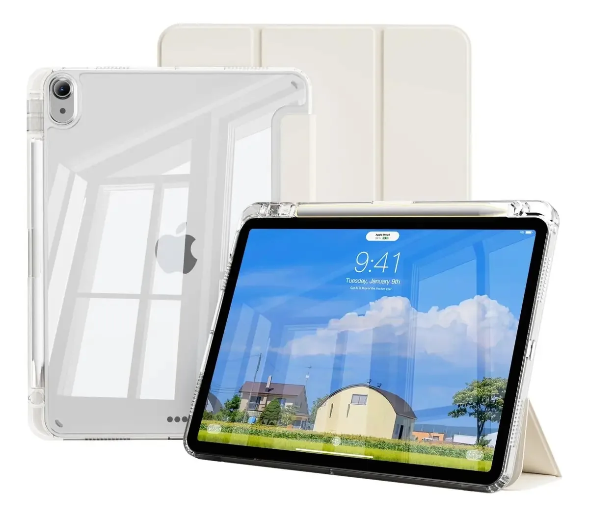 2 mouses e capa para iPad 10/11 10.9 Transp. à prova de choque +cor Tactel Bege