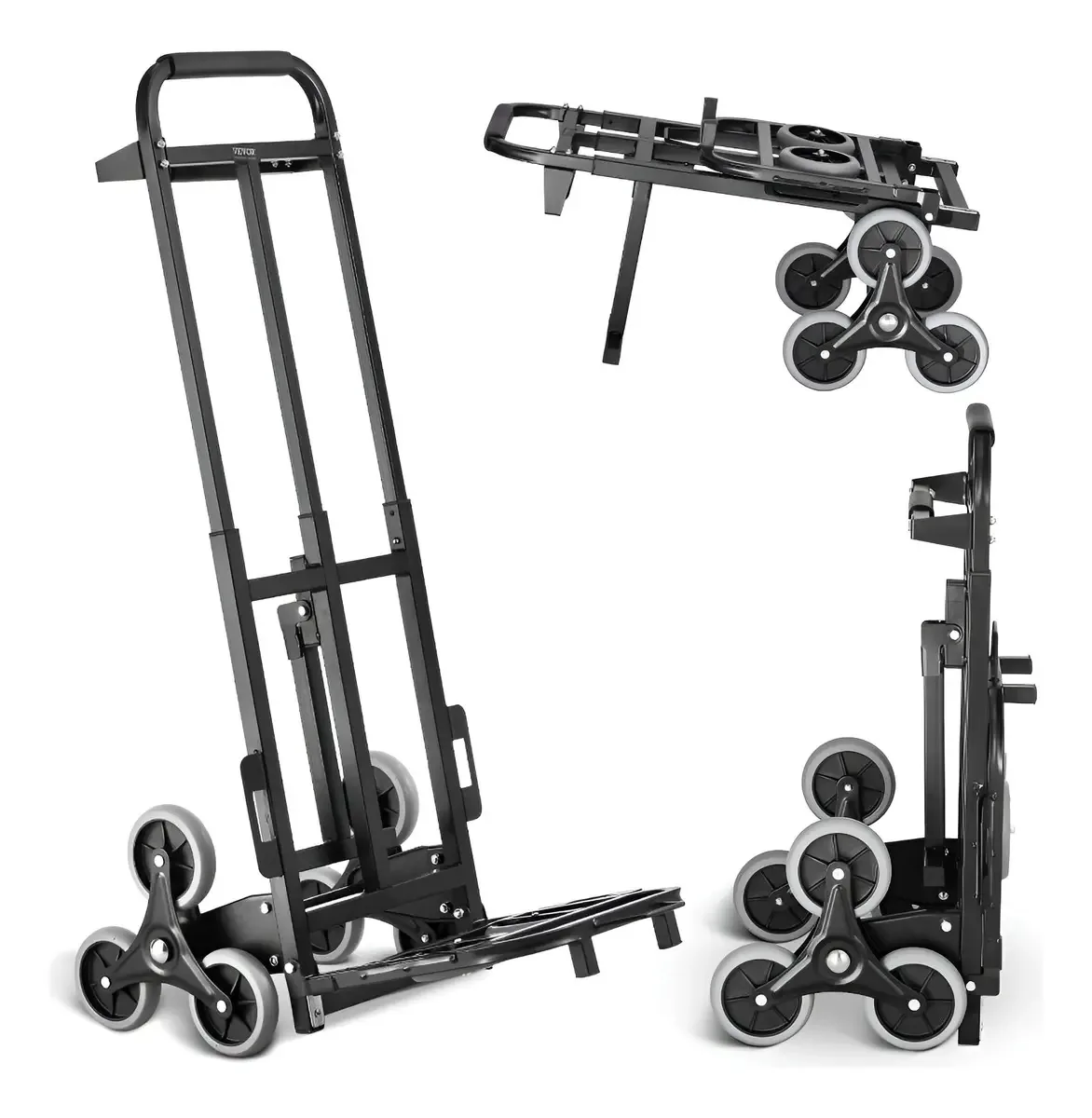 Carrinho de carga 208 kg, 6 rodas, escada dobrável, aço, Vevor, preto