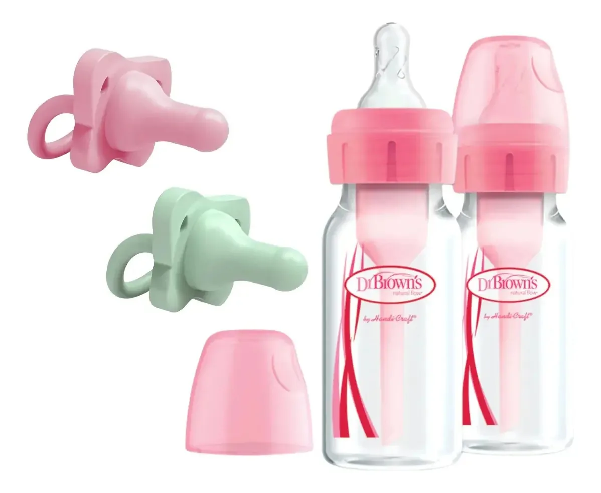Pacote Dr. Brown's com 2 opções, mais mamadeiras padrão de 4 onças e 2 chupetas rosa Happy Paci