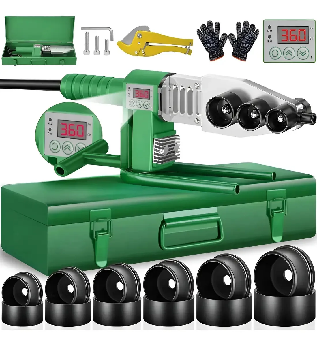 Kit de ferramentas termofusoras com 6 matrizes e tesouras para tubos