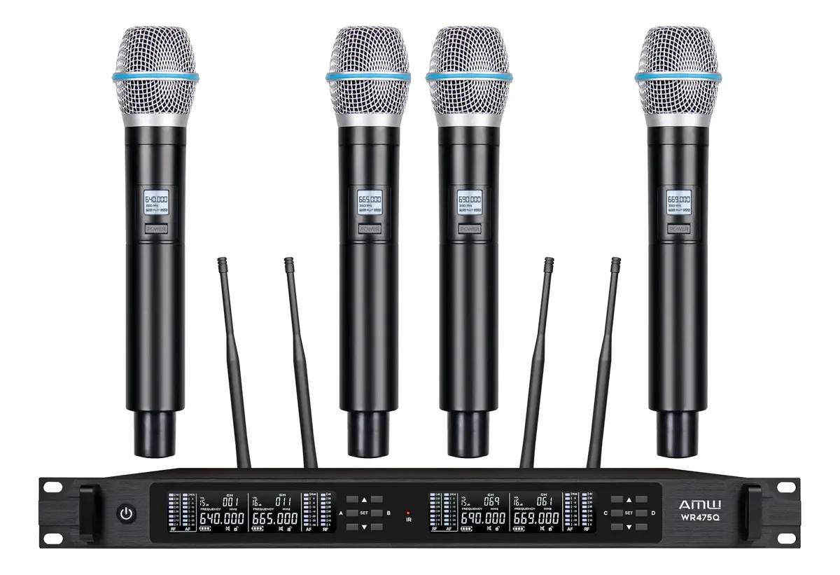 Microfone AMW AU4000 v2 Sem Fio com 4 Microfones de Mão Dinâmicos Cardióides e Estojo