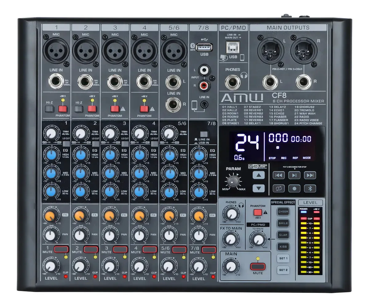 Mesa de Som AMW CF8 8 Canais USB Bluetooth com Efeitos e Phantom Power