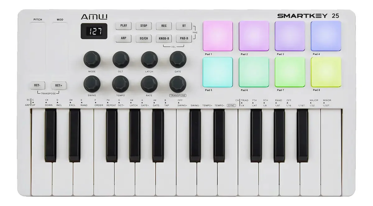 AMW Smartkey 25 White Teclado Controlador MIDI 25 Teclas Sensíveis, 8 Pads LED
