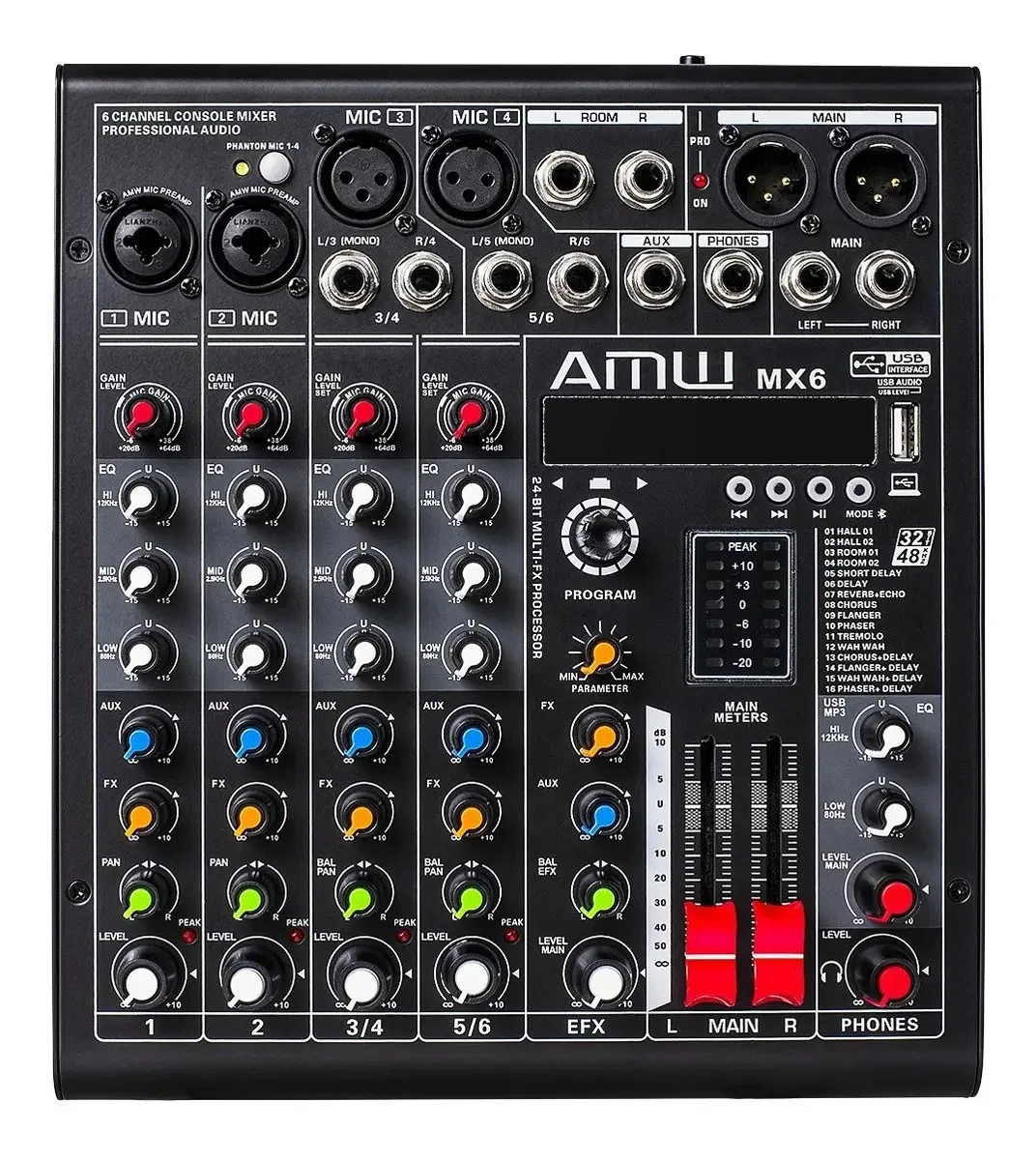 Mesa de Som Analógica AMW MX6 v2 6 Canais Bluetooth USB