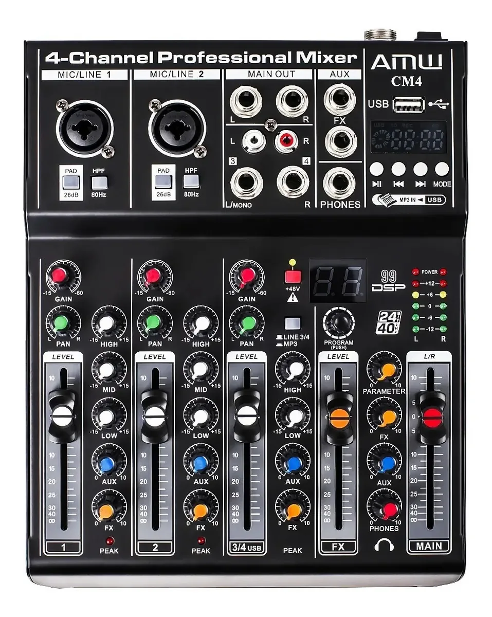 Amw Cm4 Pro Mesa De Som 4 Canais 99 Efeitos Usb Bt Interface