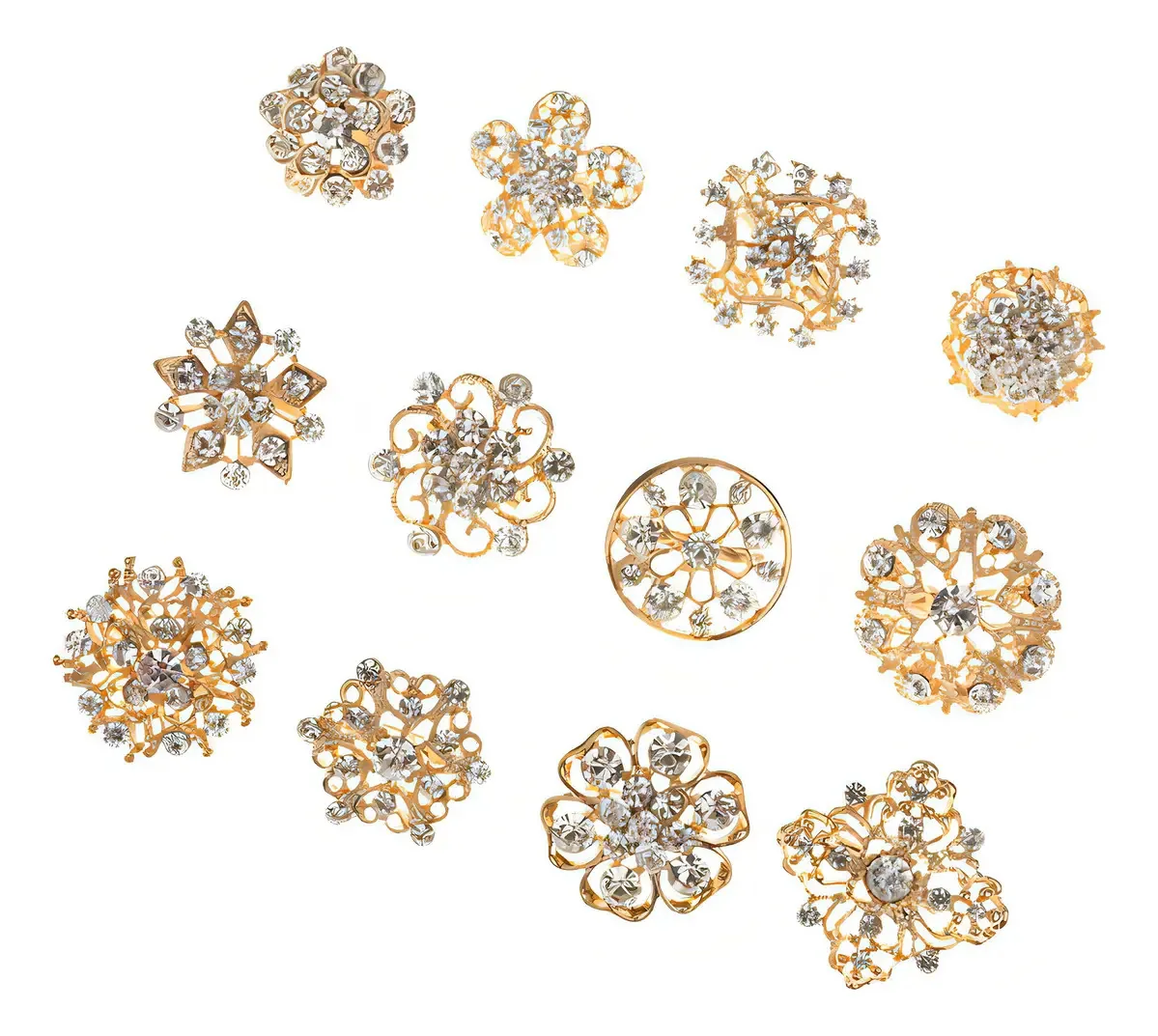 12 Broches De Ouro Em Forma De Flor De Strass Banhados A Our