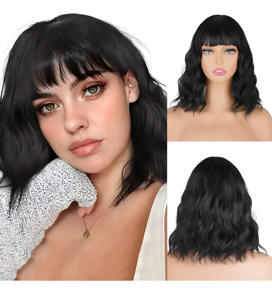 Perucas para cabelos pretos curtos ondulados, cor natural do cabelo preto