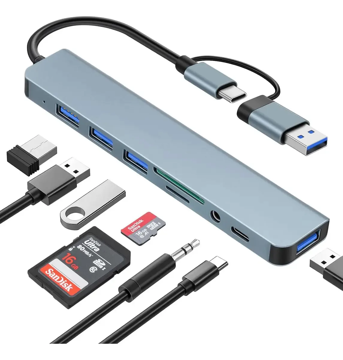 Hub tipo C 8 em 2 Adaptador USB C Multi Port Usb 3.0 Sd Tf