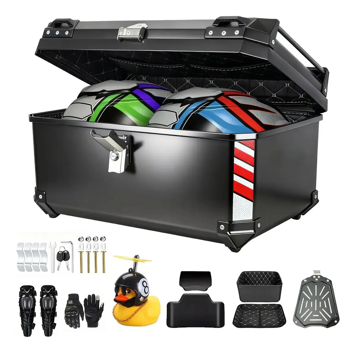Estojo de motocicleta acolchoado em ABS com placa de base e encosto acolchoado 65l 2 capacetes pretos
