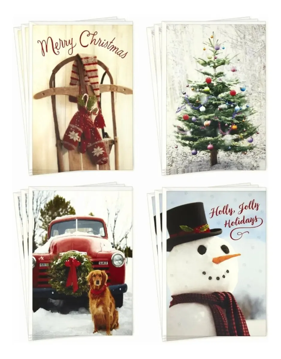 Cartões de Natal em caixa Hallmark, cor de caminhão, caminhão vermelho vintage