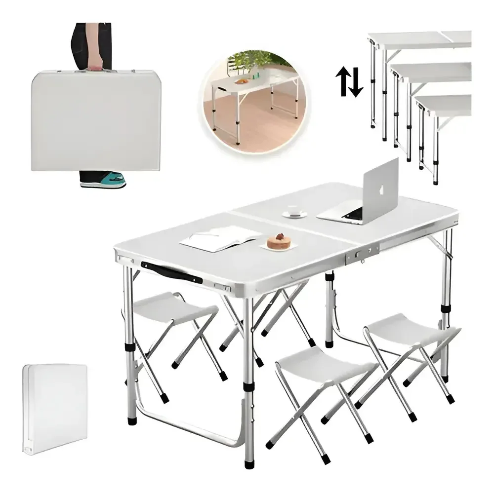 Mesa dobrável combinada com 4 bancos para jardim (branca)