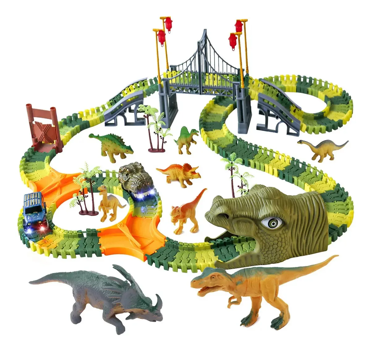 Conjunto de trilhos flexíveis Dinosaur, 216 peças e 2 carros