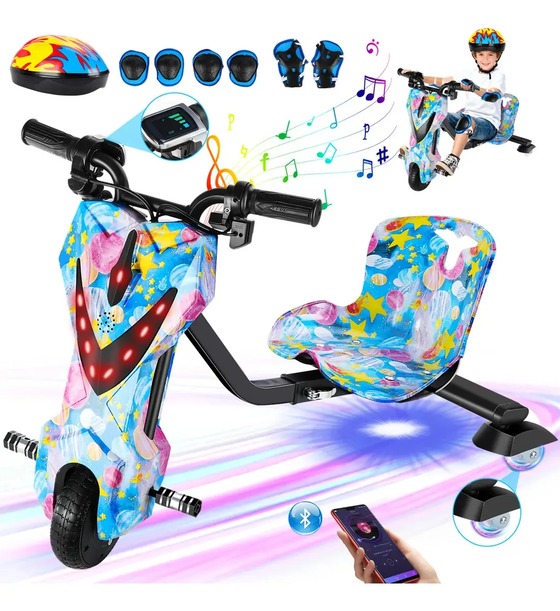 Triciclo elétrico para crianças, carros elétricos montáveis, controle remoto, Bluetooth, 3 velocidades, luz RGB e música, alto-falante de rotação 360 e freio eletrônico, 20 km/h, 85 kg, cor rosa e...