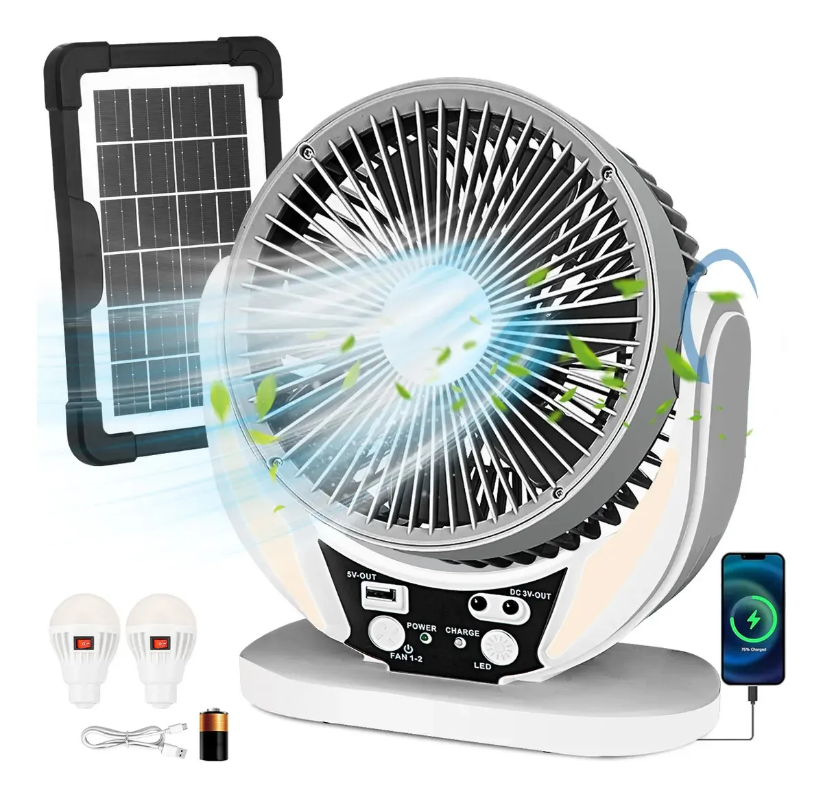 Ventilador de mesa USB com painéis solares portáteis com luz