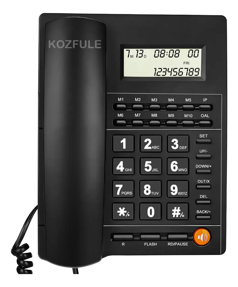 Telefone fixo com fio KOZFULE® com tela LCD e viva-voz e alto-falante e identificador de chamadas com som ajustável. Telefones digitais, cor preta