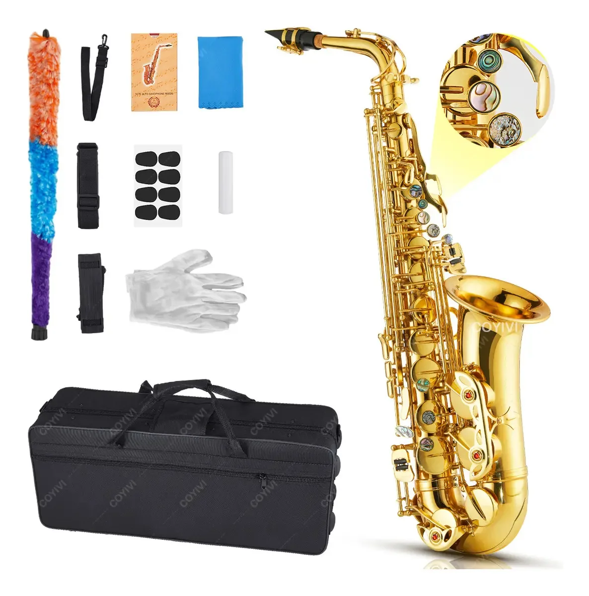 Saxofone alto profissional Coyivi® em Mi bemol com acessórios completos para saxofones dourados iniciantes e adultos