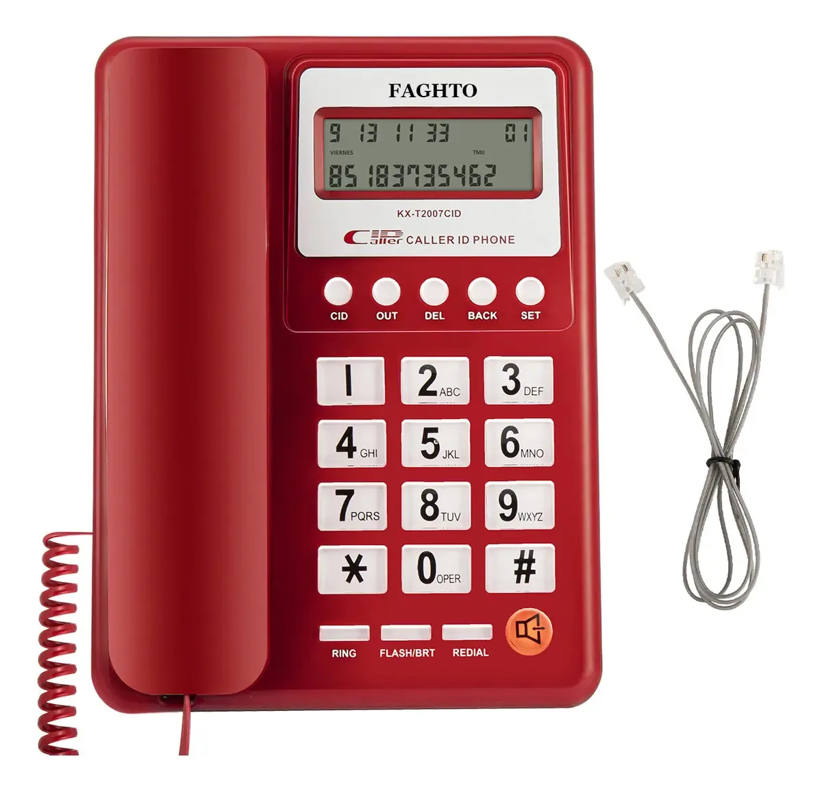 Telefone fixo com fio FAGHTO com tela LCD e viva-voz e alto-falante e identificador de chamadas com som ajustável Telefones digitais cor vermelha