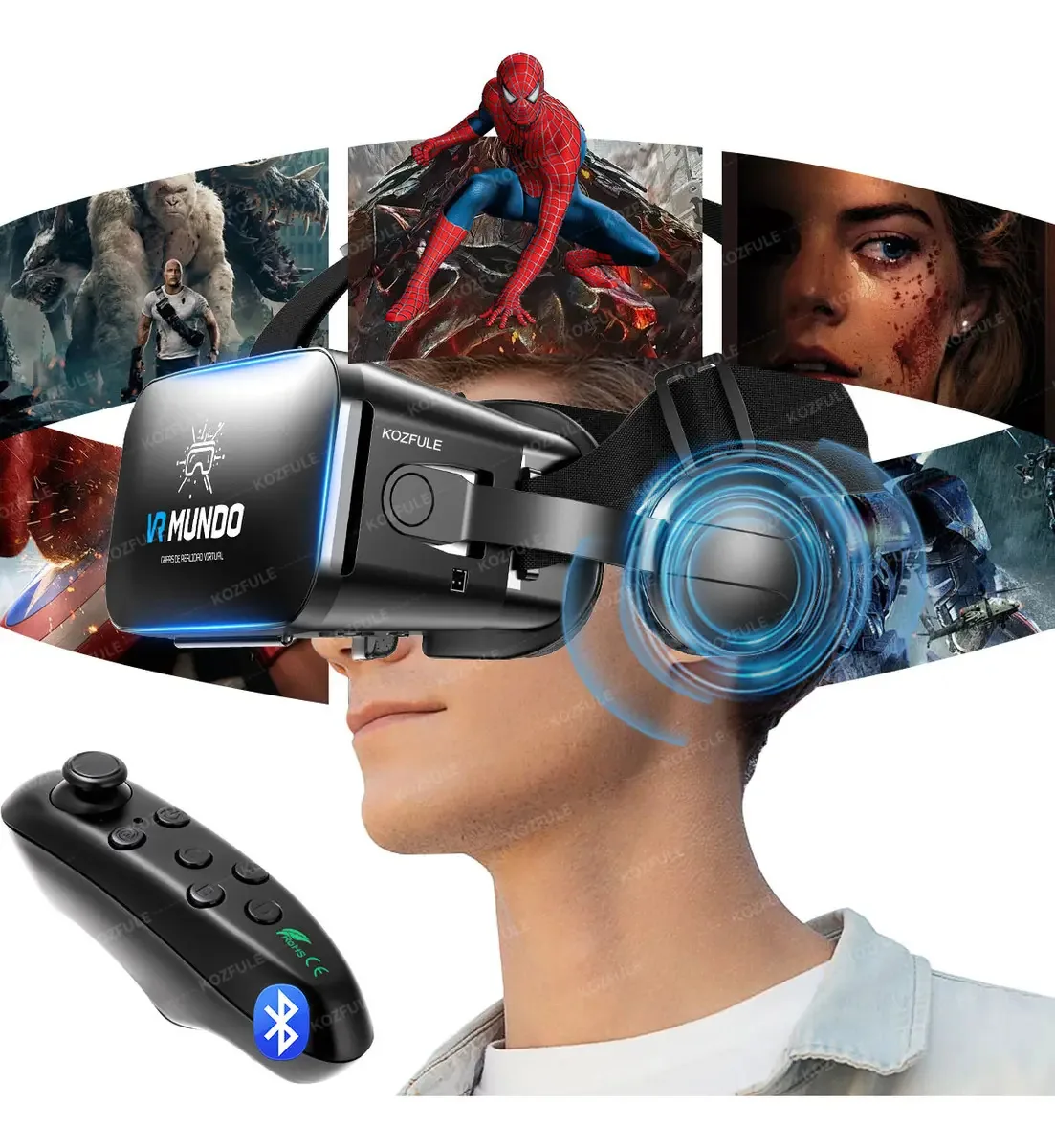 Óculos de realidade virtual Kozfule Óculos 3D VR com fones de ouvido e controlador Bluetooth, cor preta