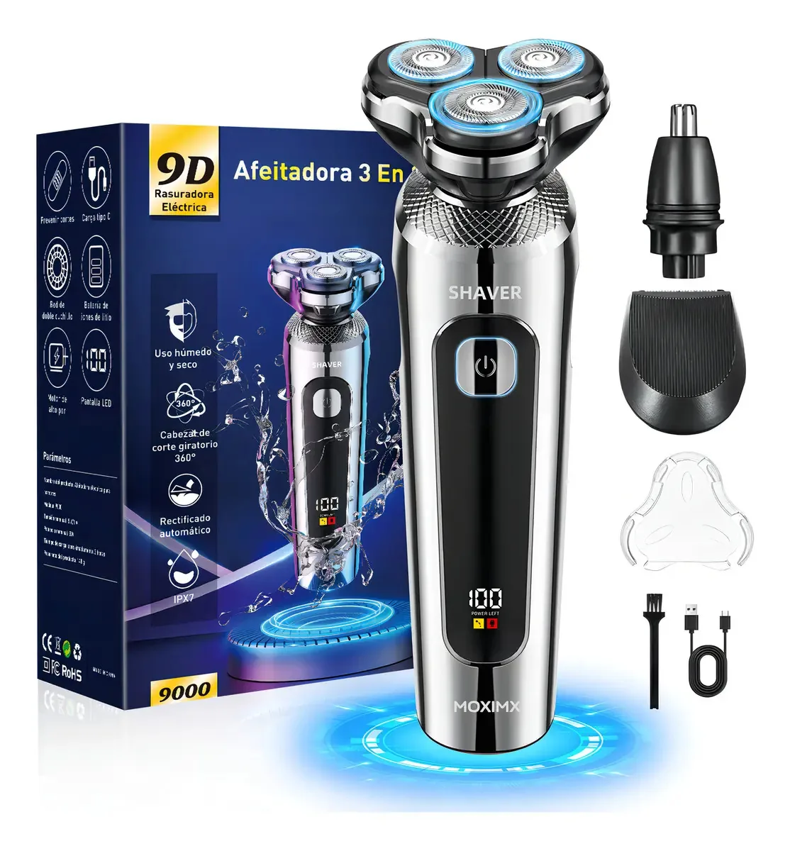 Barbeador de cabelo elétrico recarregável Moximx para homens, barbeador Moximx 3 em 1 para barba, nariz e aparadores, kit de viagem à prova d'água IPX7, lâminas de precisão e Turbo Speed