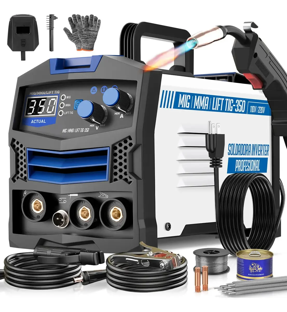 Máquina de solda inversora 350a Máquina de solda Mig+MMA+TIG 110v/220v Máquina de solda inversora FAGHTO 3 em 1 sem gás, tela LED grande, máquina de solda Mig Flux Core, Lift Tig, eletrodo, Igbt...