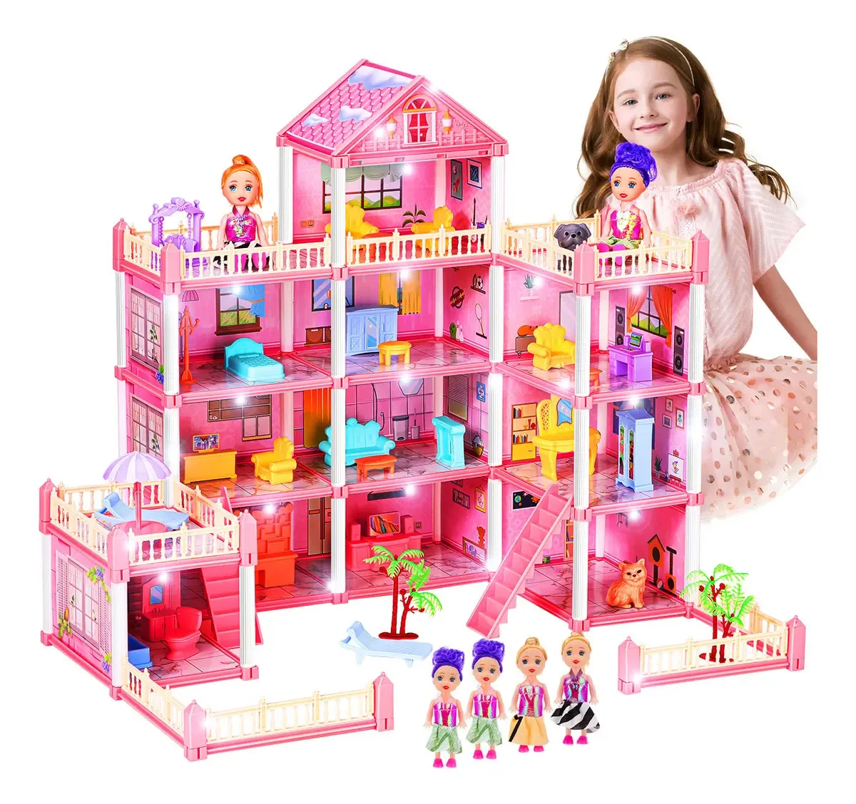 Casa de bonecas para meninas, 245 unidades, 4 plantas, luz LED e 6 bonecas