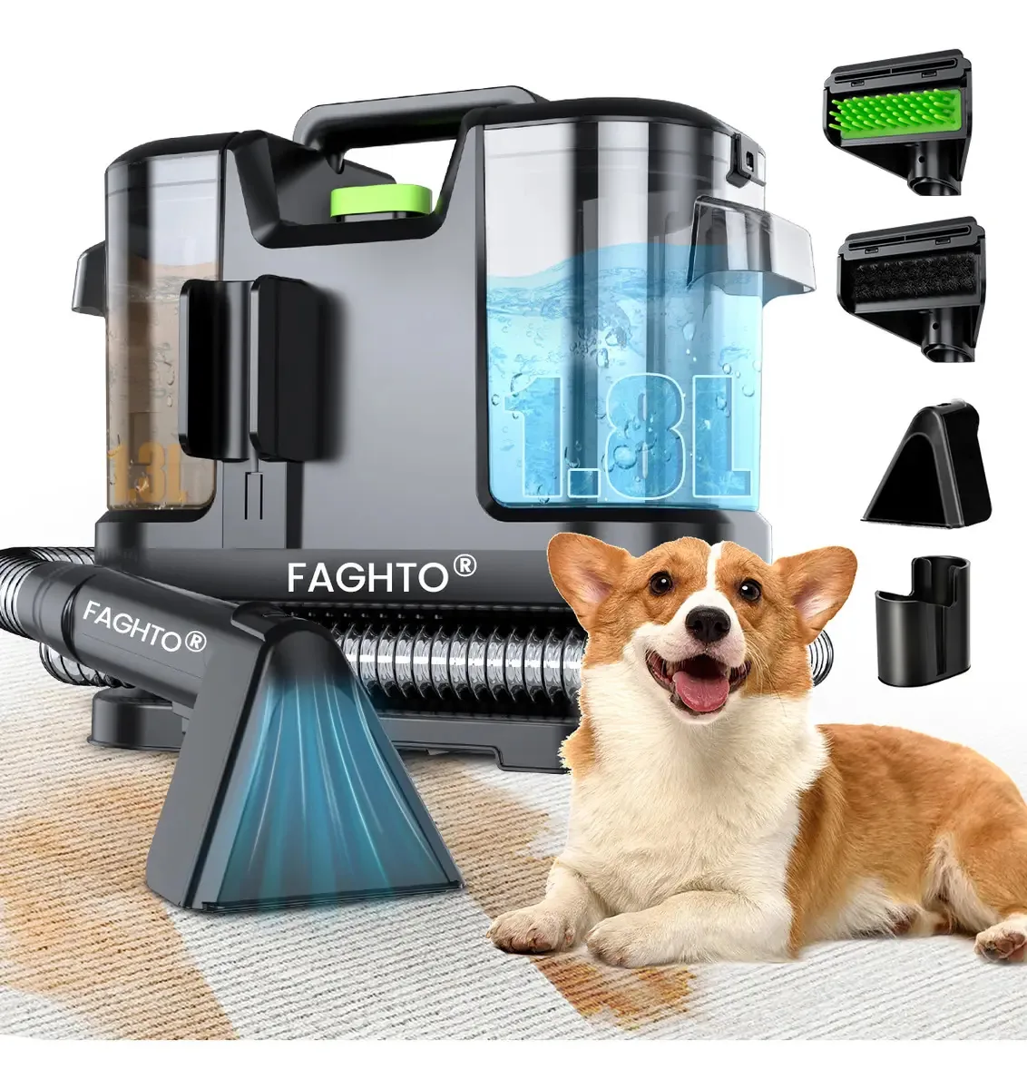 Aspirador 3 em 1 para limpeza de carpetes e manchas FAGHTO 1200 W 1,8 L+1,3 L 18 Kpa para limpeza de carpetes e manchas para casa ou escritório automático com 2 cabeças de escova