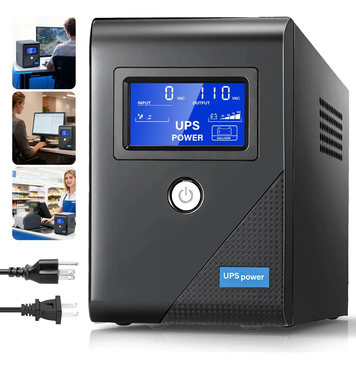 No Break Ups 850va/510w com tela LCD, Beaowink No-breaks Interactivo, regulador de tensão com contatos universal, bateria de respaldo para TV, consoles, computadores, casa e escritório Color Negro
