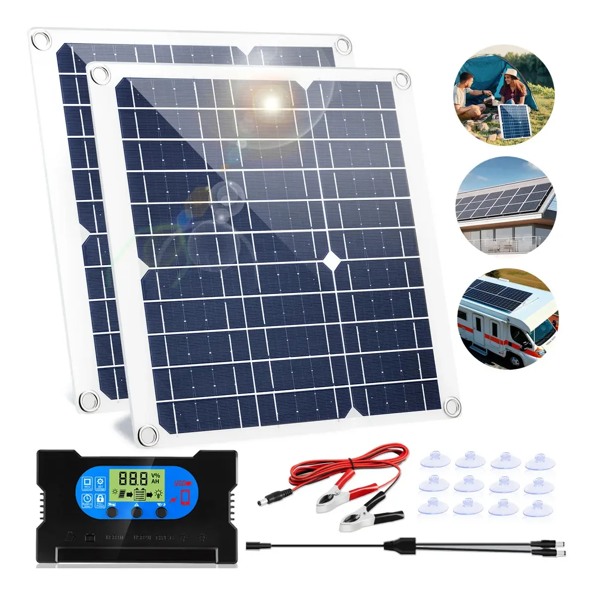 Módulo de 2 painéis solares de 300 W com controlador de carga, kit de painel solar monocristalino Beaowink com portas USB, impermeável Ip67