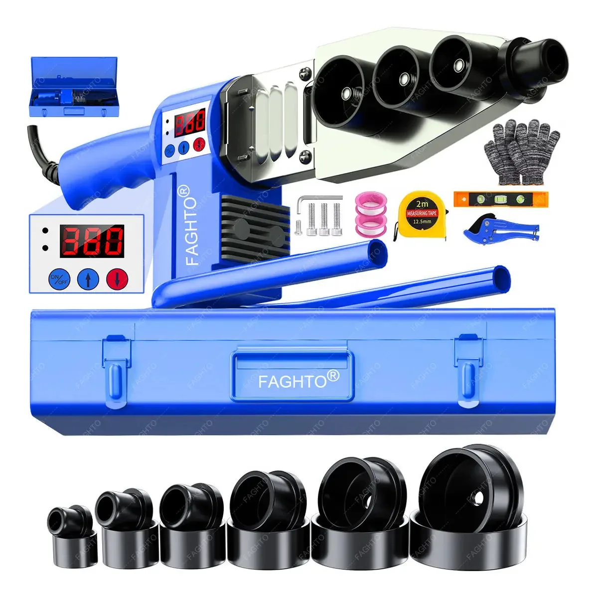 Kit termofusível digital Faghto® de 1800 w, tela LCD de 0 a 380° C e 4 botões com 12 dados, tesoura, nível, caixa e fita métrica para PVC Cpvc Ppr Pe