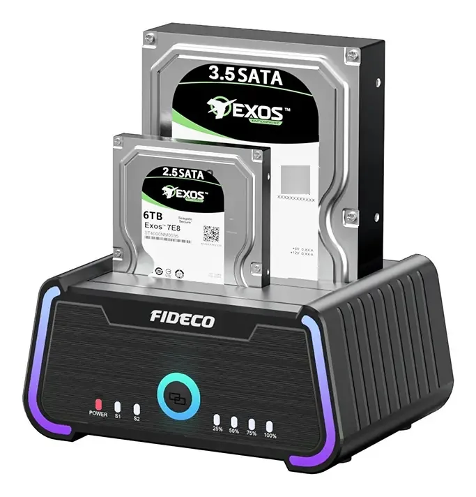 Estação de ancoragem de 2 compartimentos Sata Usb Cloner 22tb X2 Fideco