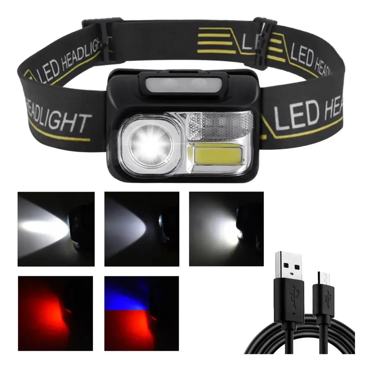 Lanterna frontal LED, cinto de mineração, carregamento USB