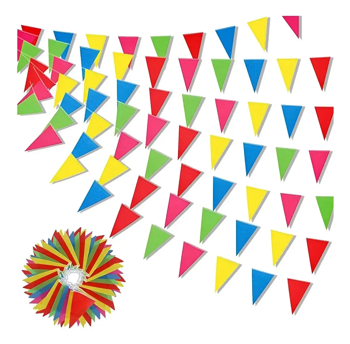 Bandeiras coloridas, bandeiras triangulares de 100 m, bandeiras multicoloridas, faixas triangulares penduradas para celebrações de abertura, festas de carnaval