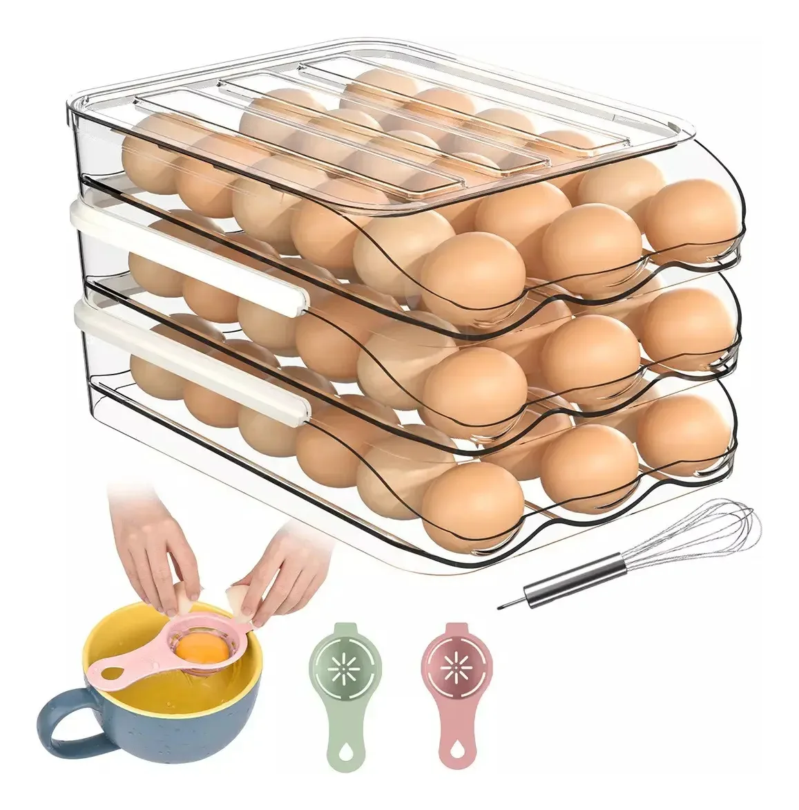 Kit organizador de 54 ovos e ovos para geladeira e cozinha, com 1 batedor e 2 separadores de ovos