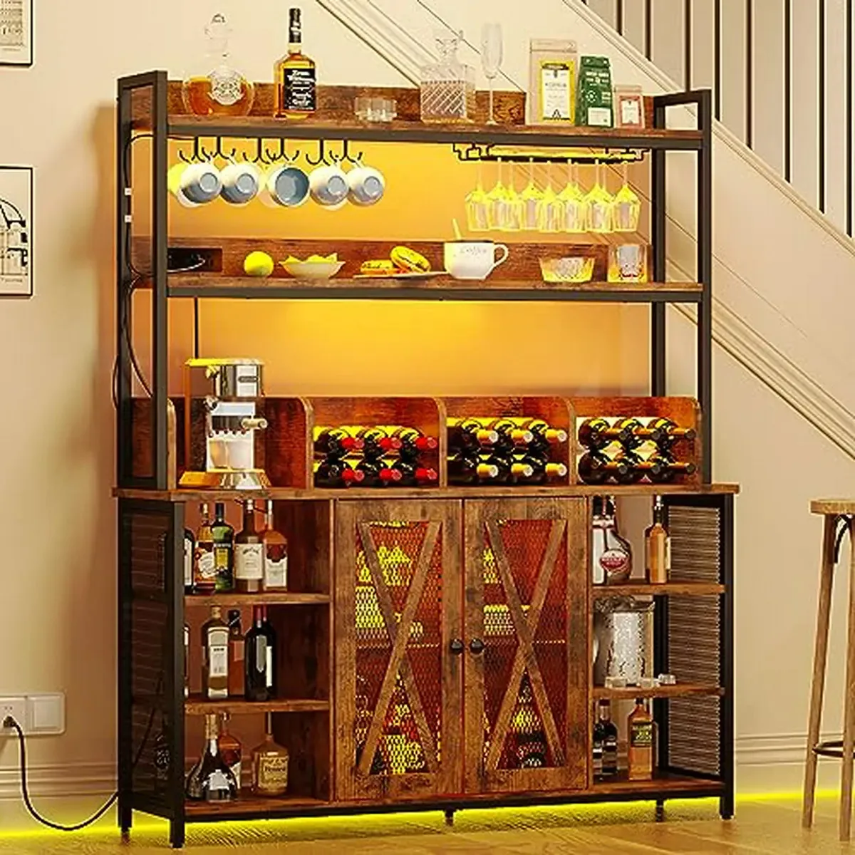 Armário de bar industrial com LED e soquete, marrom vintage