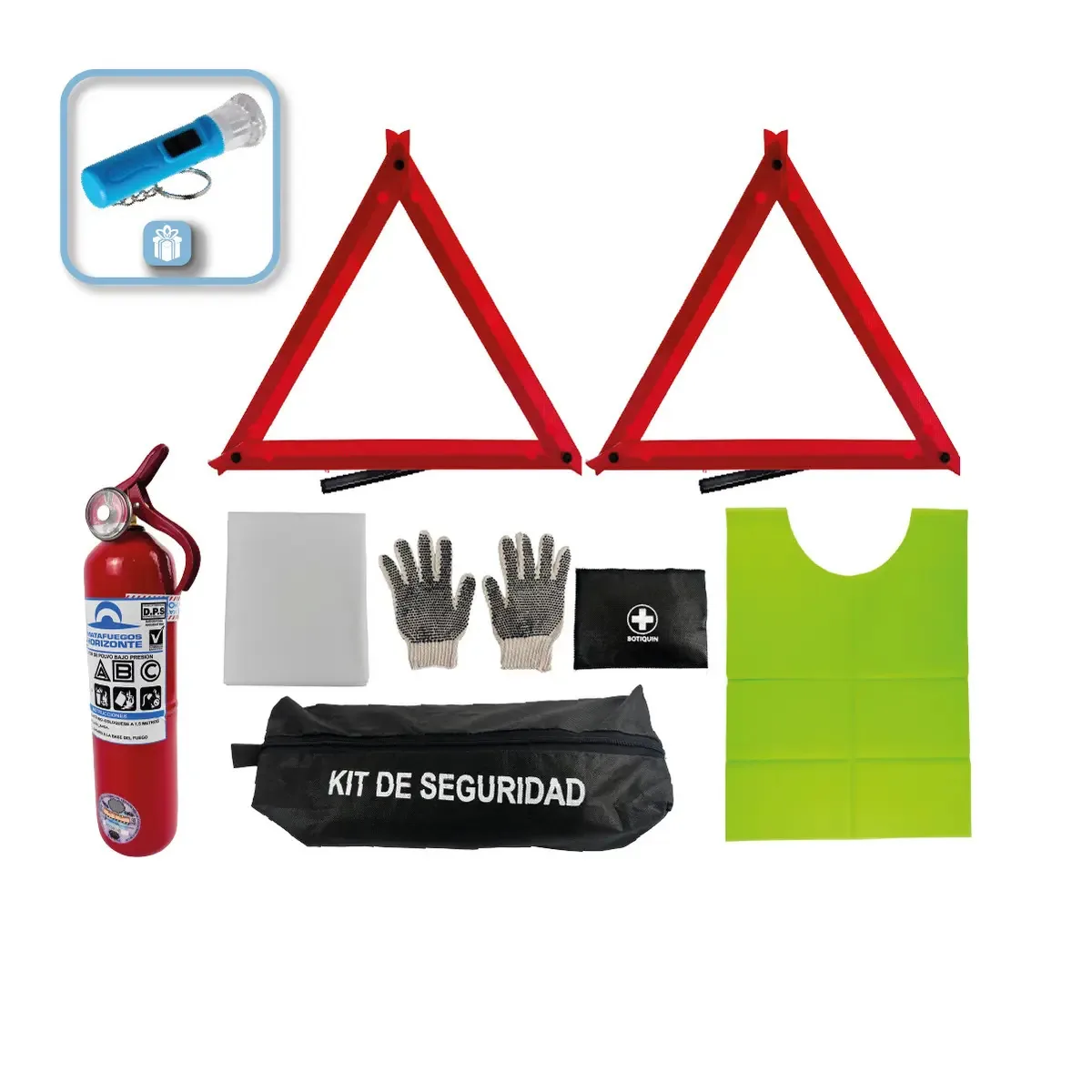 Kit regulatório de segurança veicular 7 em 1 premium com extintor de incêndio tipo fino, adequado para lanterna VTV + Gift