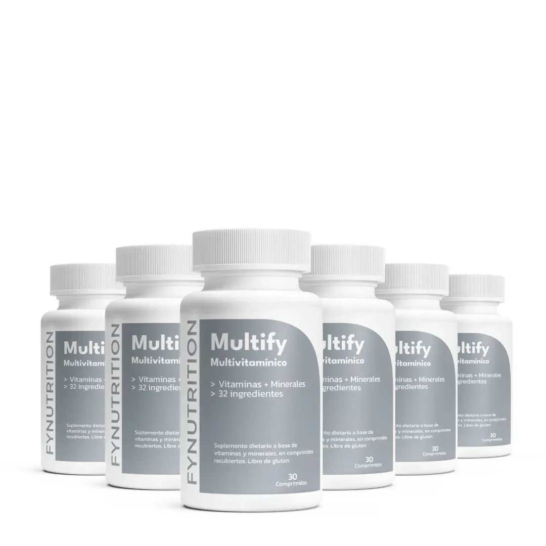 Pacote com 6 suplementos multivitamínicos — Multify Fynutrition — Para homens e mulheres — Vitaminas A, B, C, D e minerais — A fórmula mais completa. 32 ingredientes — 180 comprimidos
