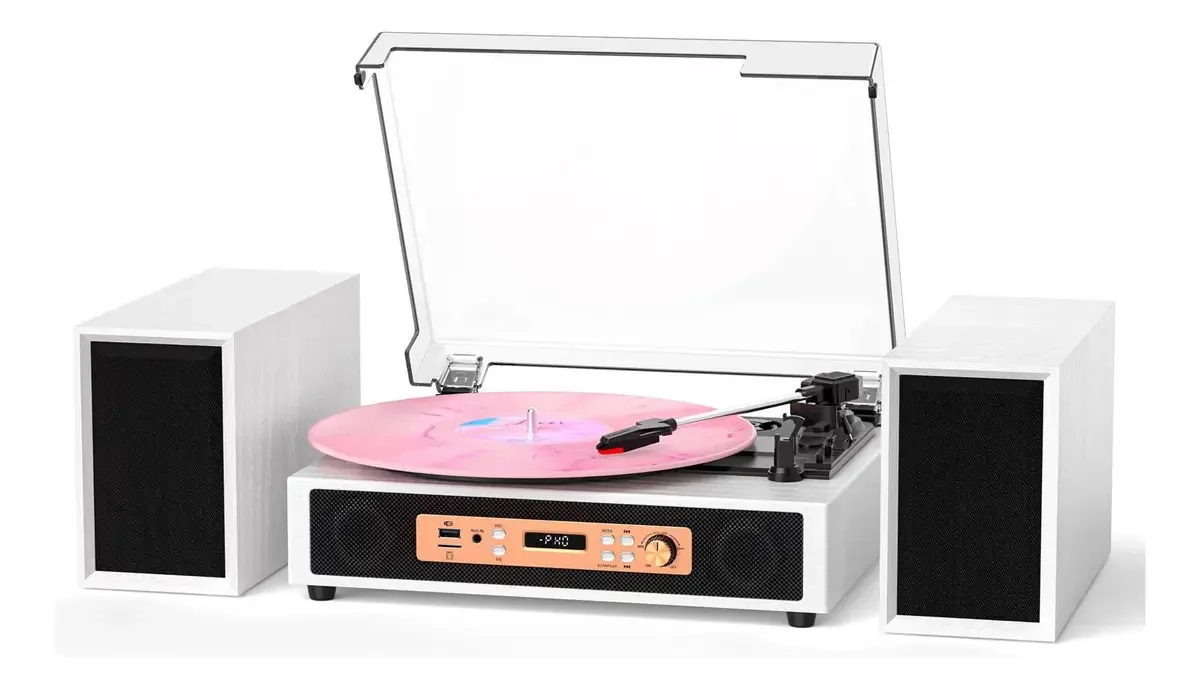 Leitor de discussão em vinil com alto-falantes embutidos e