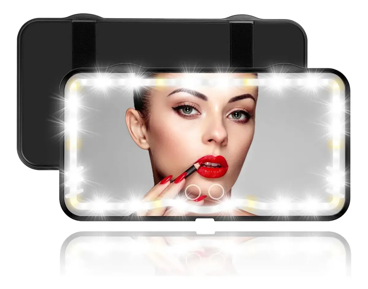 Espelho de maquilhagem LED com viseira de carro, espelho LED Recarg