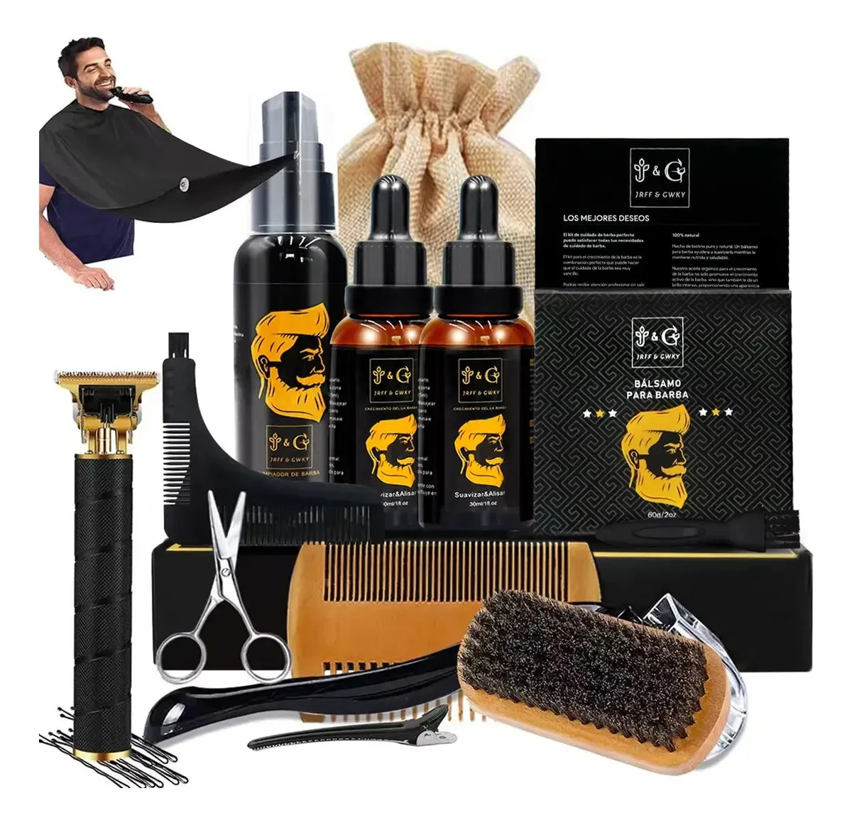 Kit de cuidados com a barba para presentes masculinos, 14 unidades Jeff & Gwky, incluindo xampu para barba, creme para barba, óleo para barba, pente, escova, tesoura, navalha e bolsa de armazenamento