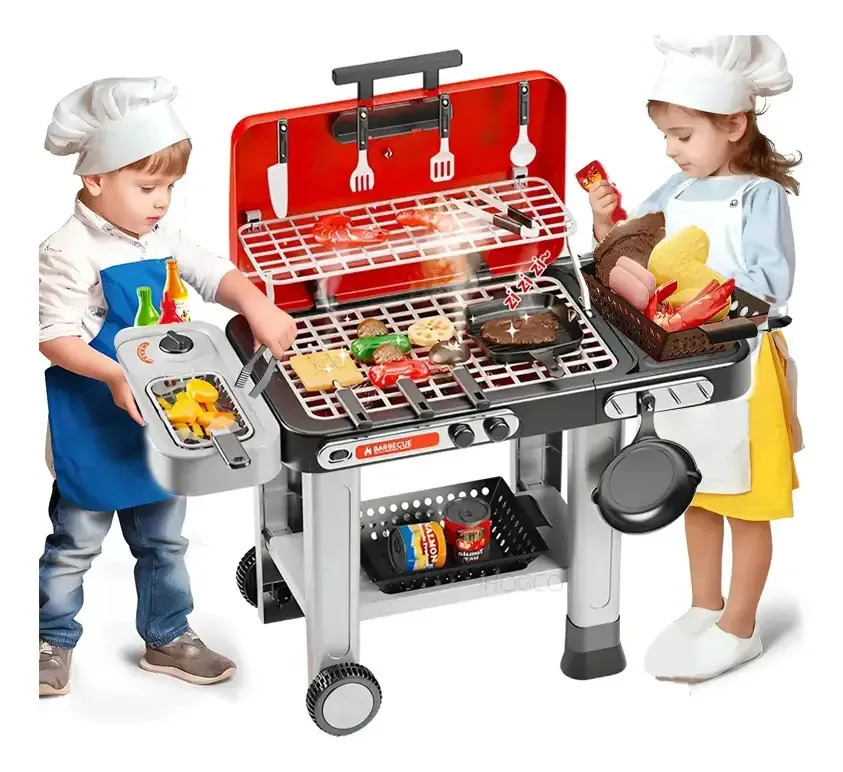 Brinquedo de churrasco Fazxssea, 51 peças, churrasqueira, churrasqueira, churrasqueira, brinquedo de simulação infantil, churrasqueira interativa com luz de fumaça, comida simulada por som,...