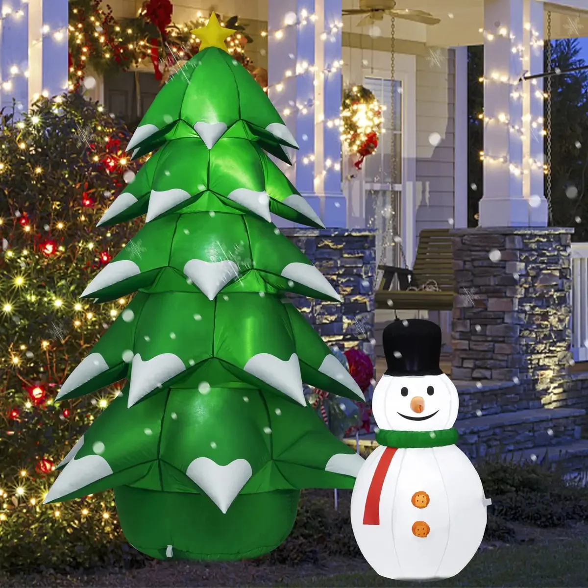Decorações Infláveis de Árvore de Natal de 7 Pés com Boneco de Neve, Infláveis de Natal, Decorações de Pátio Infláveis com Luzes LED Integradas para Natal, Festas, Interiores, Jardim