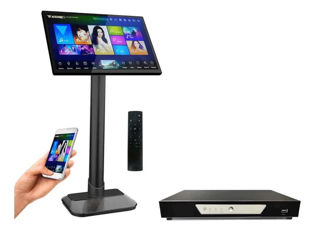 HDD TSRV88-5Tb, DVD de 84 mil em chinês (mandarim, cantonês), músicas em DVD em inglês, 19 tocadores de karaokê com tela sensível ao toque, download na nuvem, microfone e controle remoto incluídos