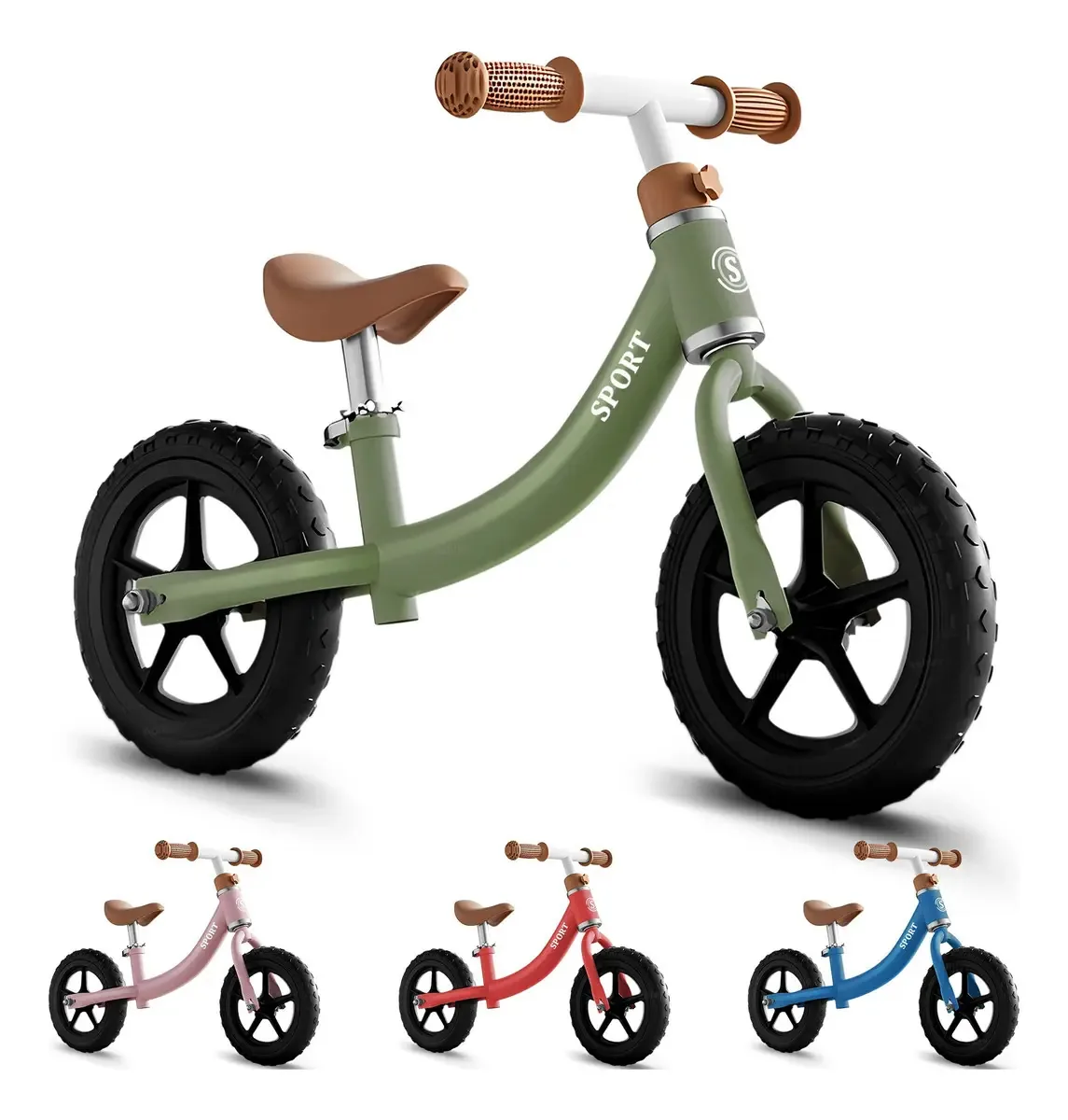 Bicicleta de equilíbrio infantil ajustável sem pedais, cor verde