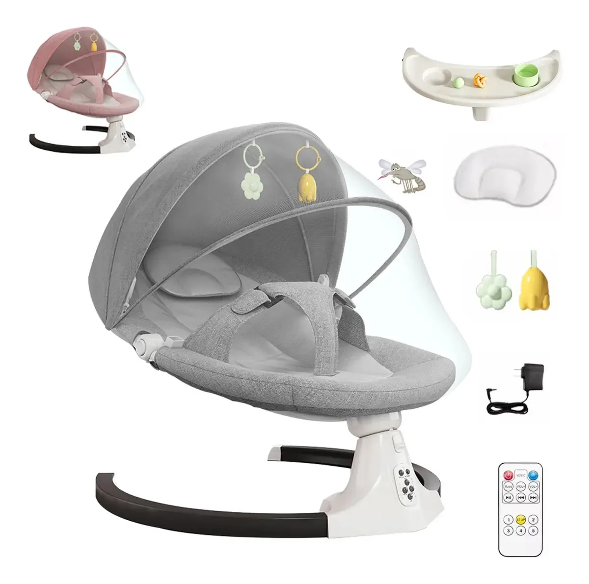 Balanço de balanço elétrico para música para bebês com mosquiteiro, placa cinza