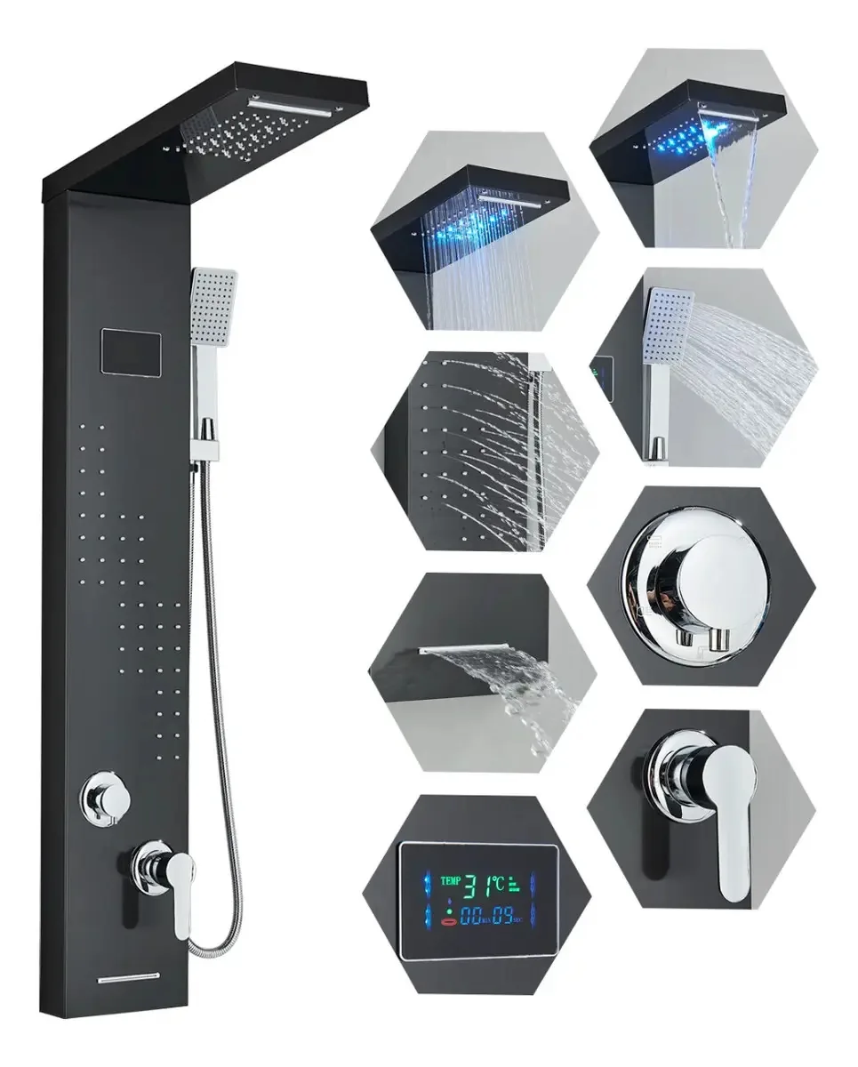 Painel de chuveiro LED preto mate com display digital e coluna Senlesen 99D-HFT8012