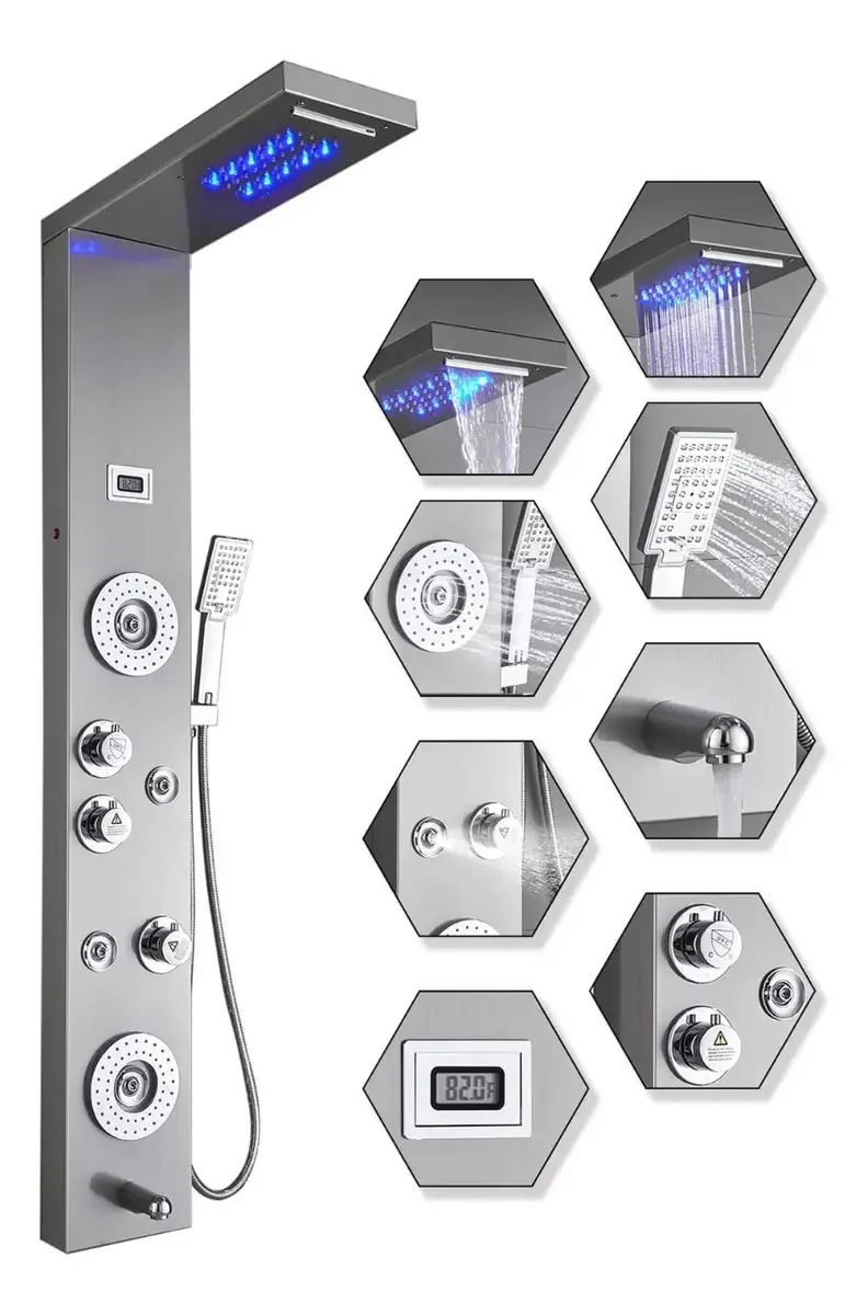 Chuveiro com painel de coluna de aço, chuveiro de hidromassagem e luz LED
