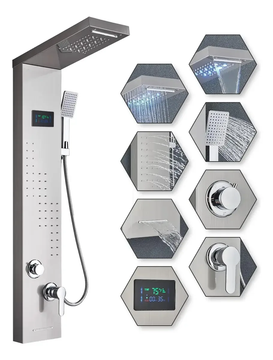 Chuveiro de coluna com painel de chuveiro de hidromassagem, luz LED