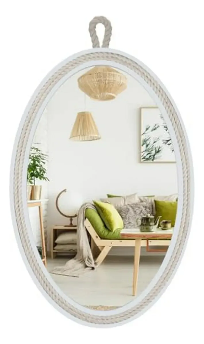 Espelho decorativo oval 24 X16 com corda náutica - branco