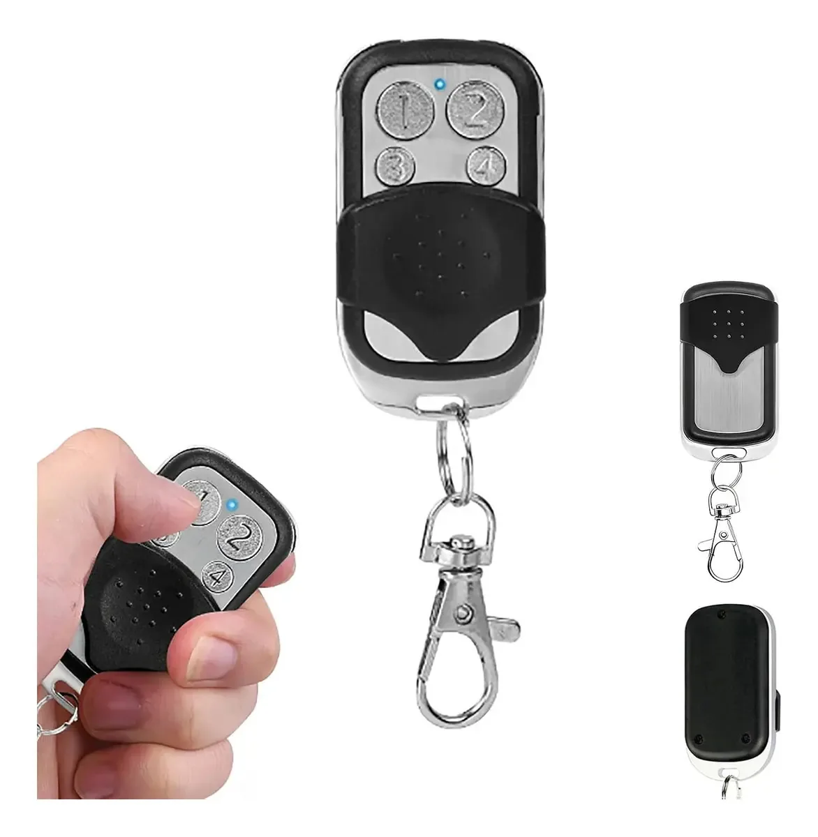 Controles remotos prateados para portas automáticas compatíveis com motores de corrente, alta durabilidade, ideais para instalações residenciais e comerciais
